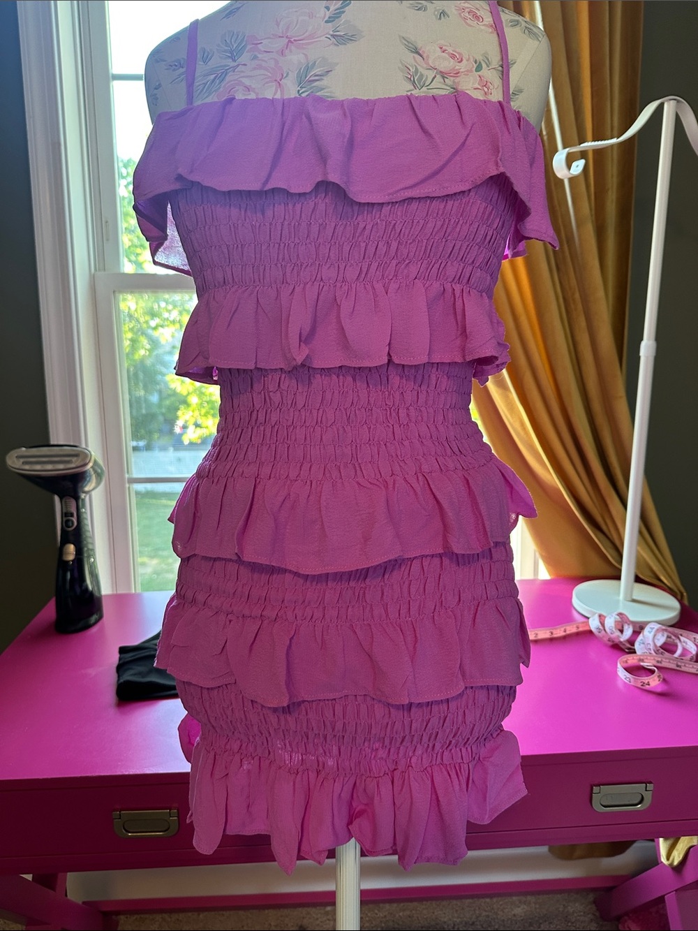 Olivaceous Pink Ruffled Smocked Mini Dress
